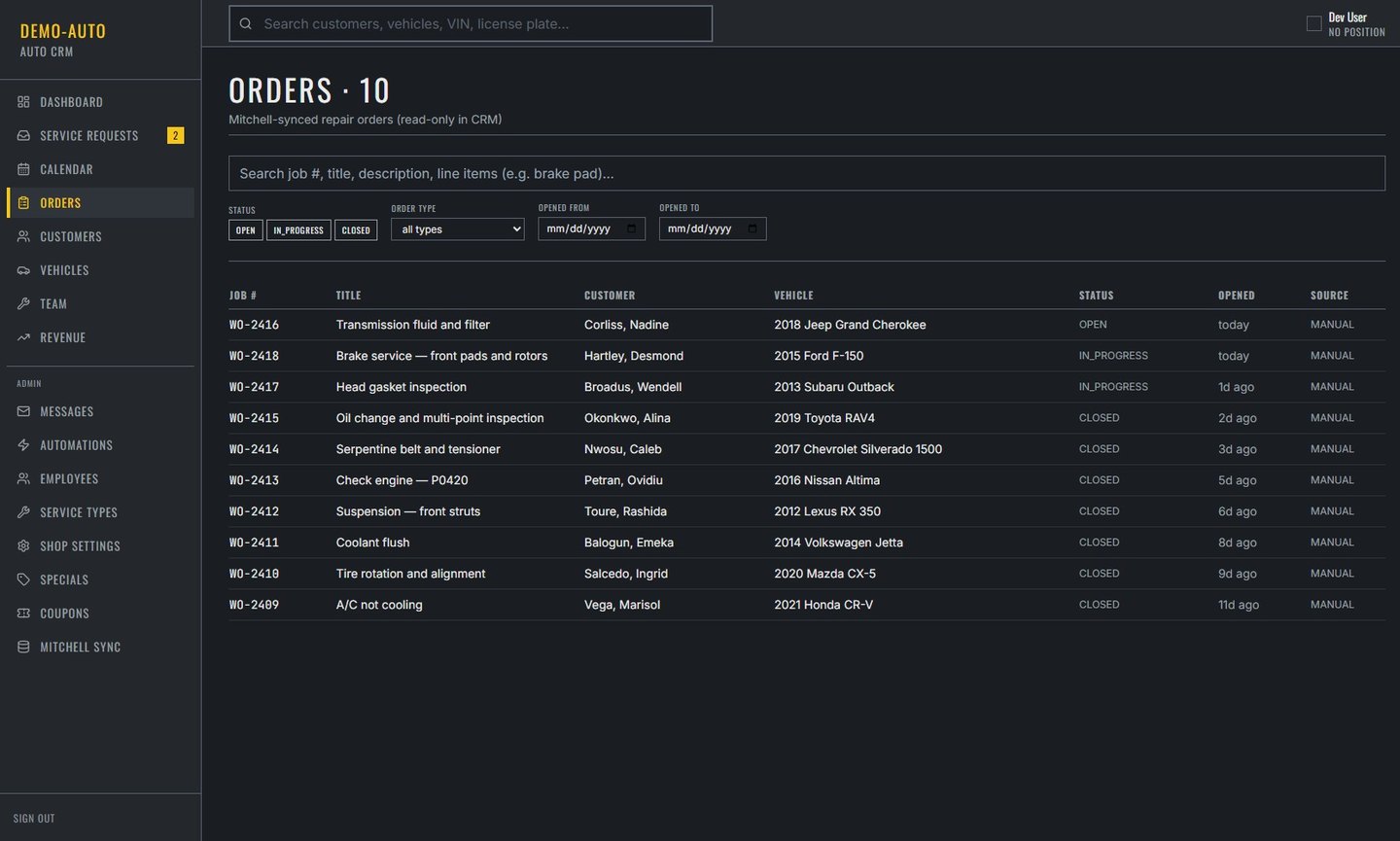 The repair-order list — job number, customer, vehicle, status and when it opened, filterable by state