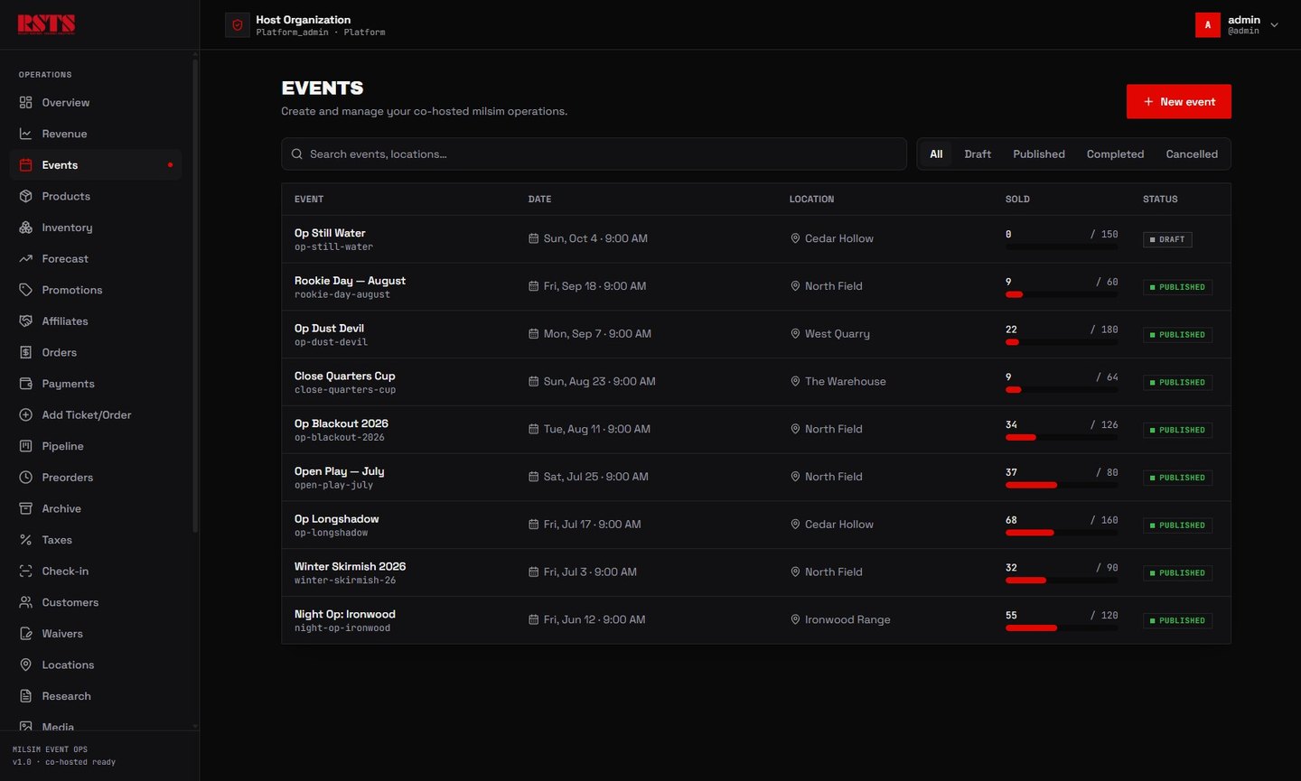 The staff console's event list — every operation with tickets sold against capacity and its published state