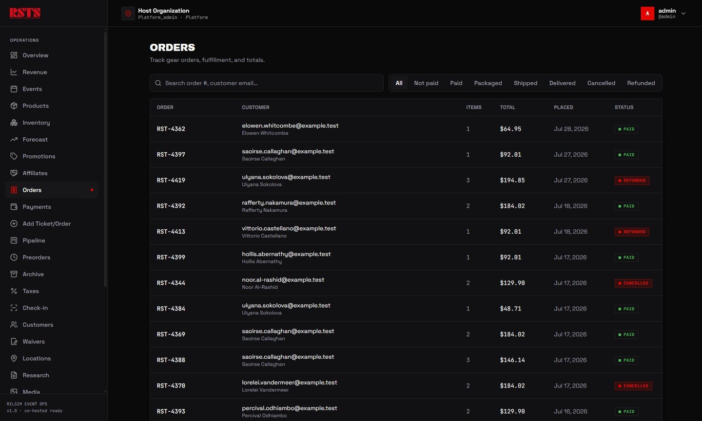 An order list combining gear sales and event tickets