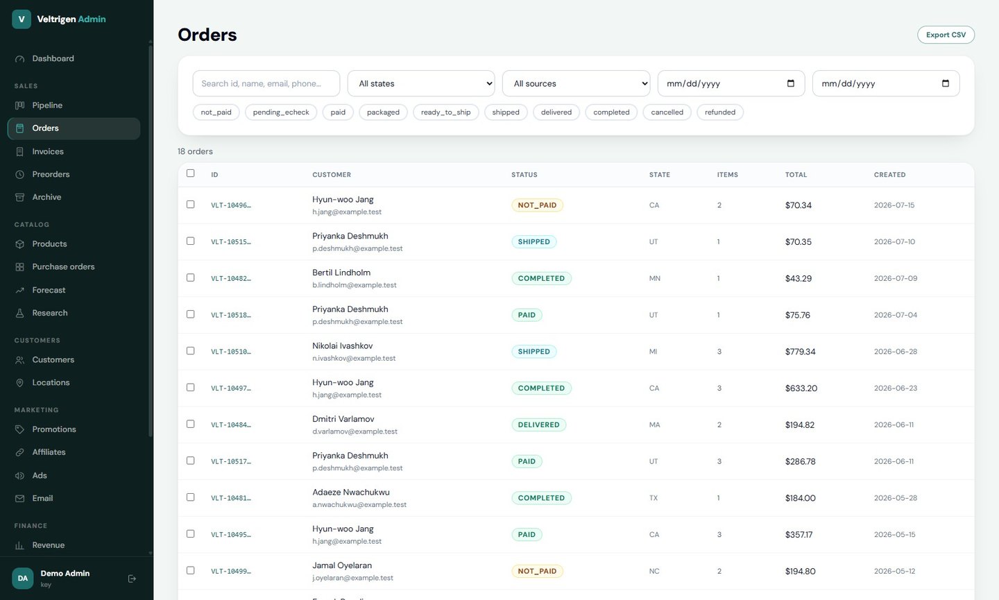 An order list with shipping and payment state per order