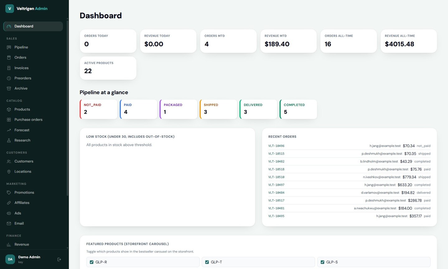 A back office with its order pipeline and stock warnings