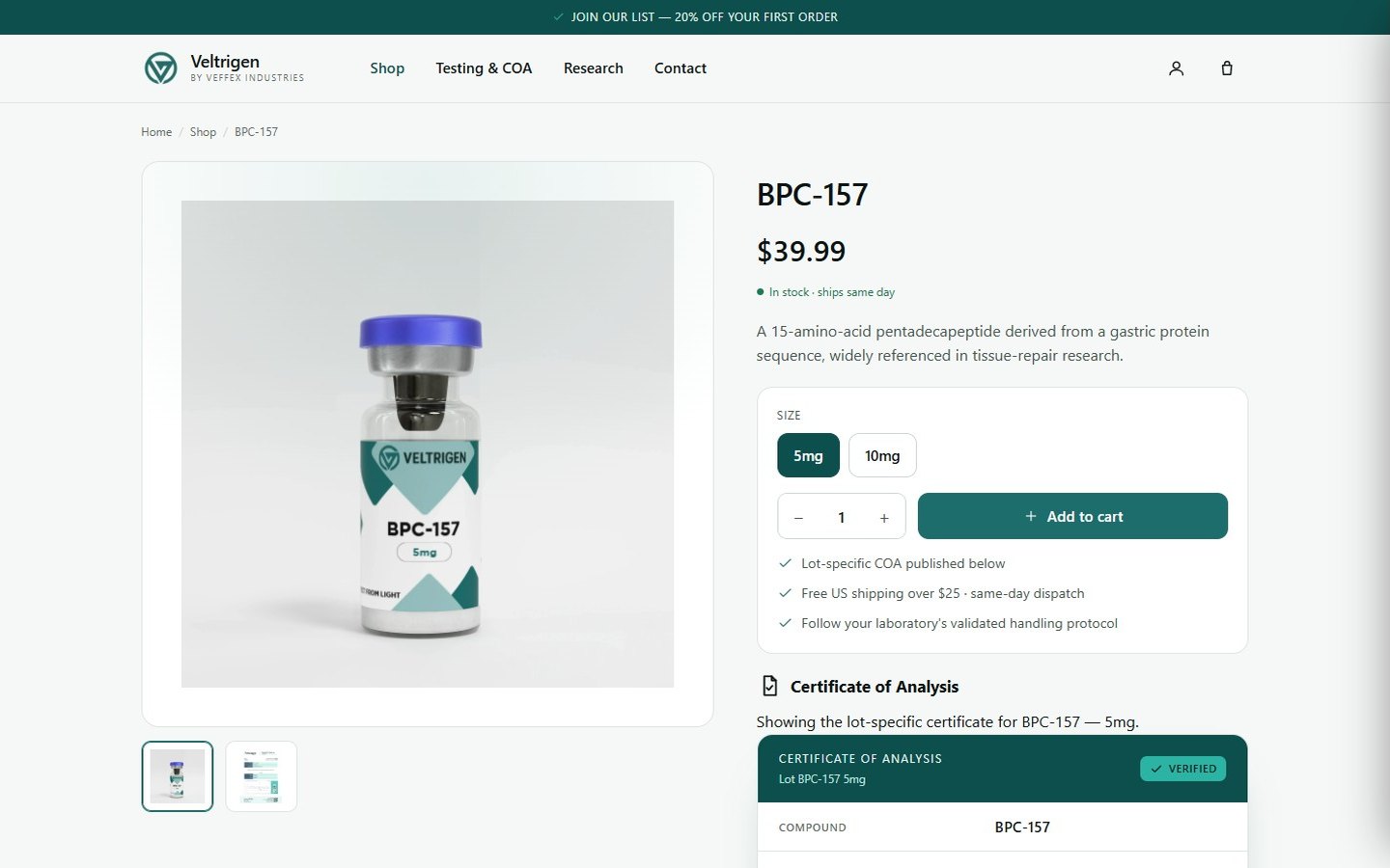 A product page with size options, a quantity picker and an add-to-cart button