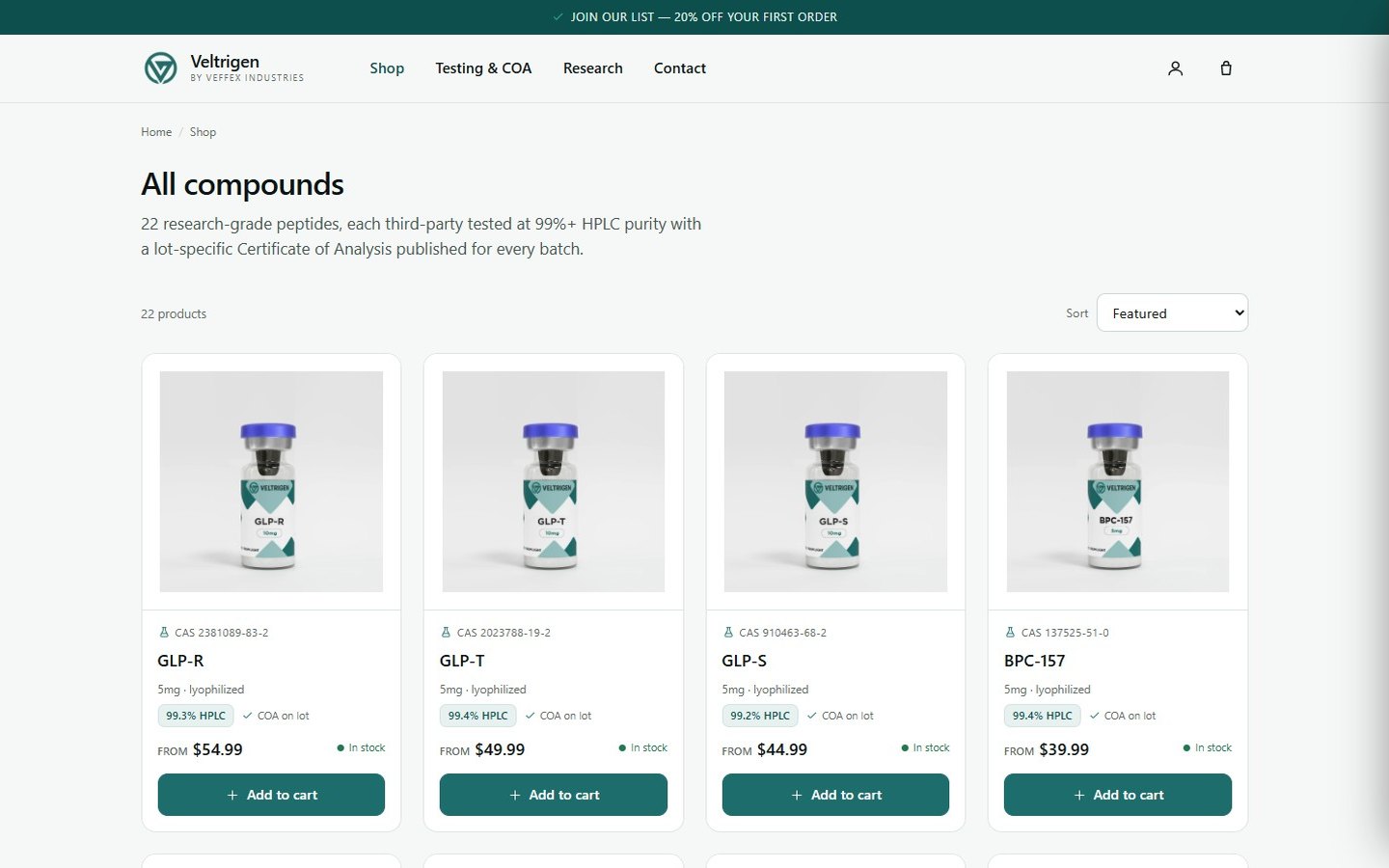 A catalogue page listing every product with price, stock and badges