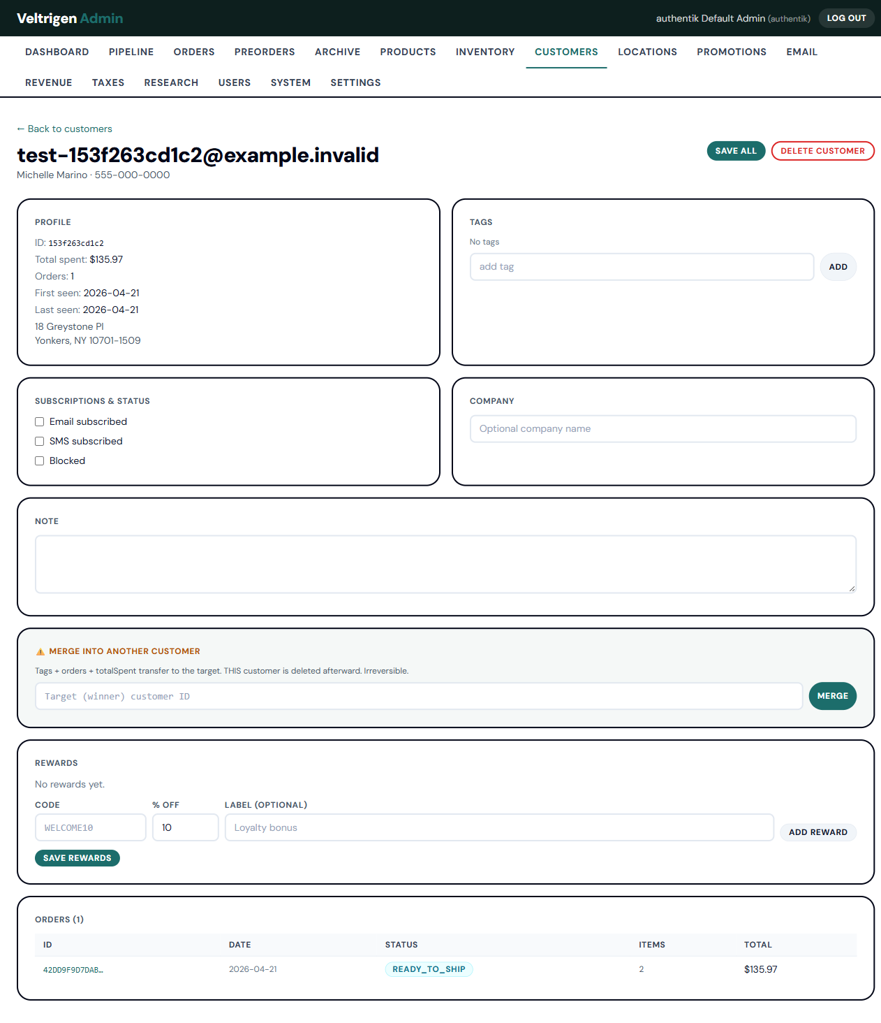 Veltrigen admin order pipeline detail view